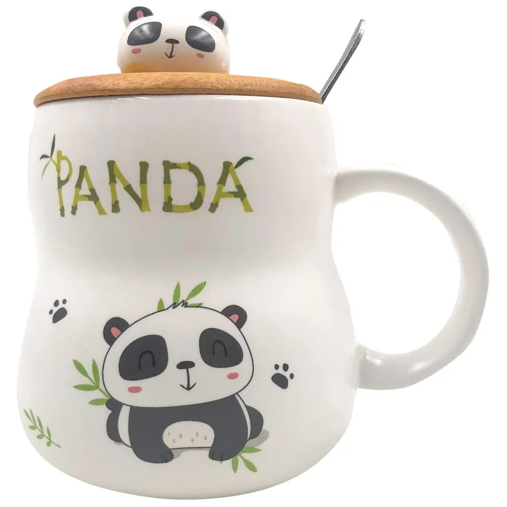 3-D Molded I Cute Animal Ceramic Mug with Spoon and Lid ~ Box Packed and High Detailing (Bamboo B)