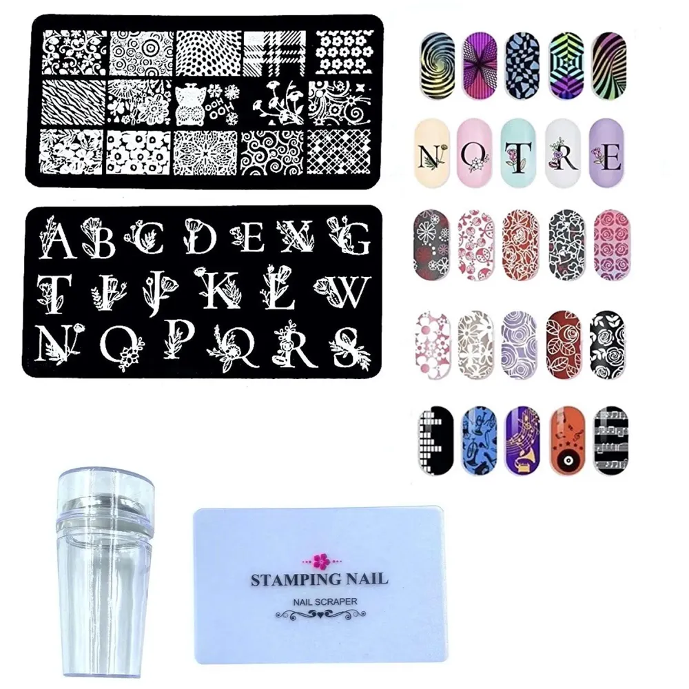 2 Pc Nail Art Plate, Stamper And Scrapper Set (Random Designs)