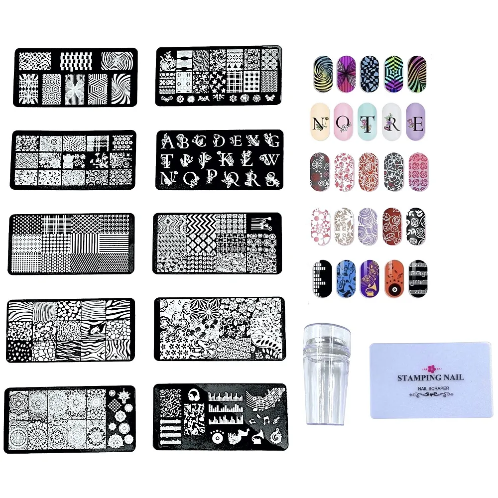 10 Pcs Nail Art Stamping Plates For Nail Art With Stamper And Scraper Included. 12 x 6 Cm - Premium