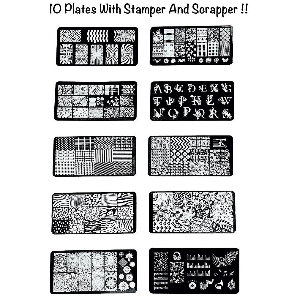 10 Pcs Nail Art Stamping Plates For Nail Art With Stamper And Scraper Included. 12 x 6 Cm - Premium