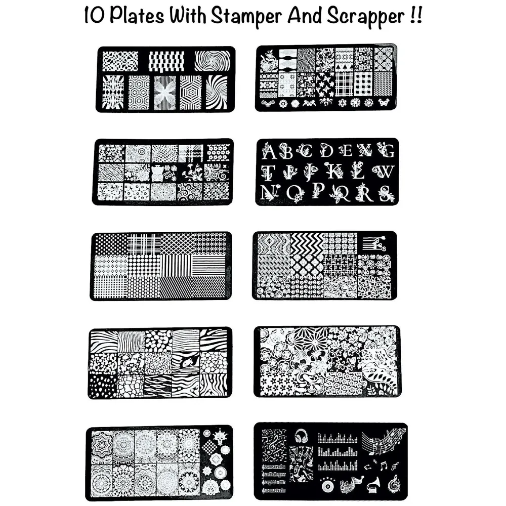 Nail Art 10 Pcs Nail Art Stamping Plates With Stamper And Scraper 12 x 6 Cm (10 Nail Plates)