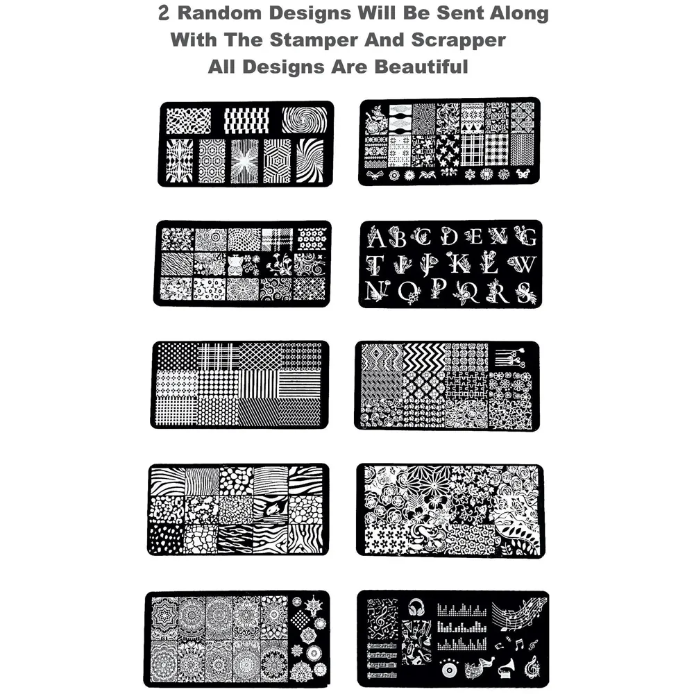 2 pcs Nail Art Stamping Plates With Stamper And Scrapper For Nail Art 12 x 6 Cm (Random Designs)
