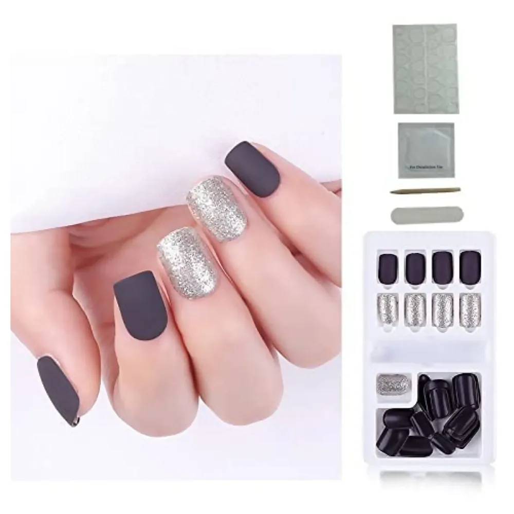 Press on Gel Nails 30 Pcs with Double Sided Jelly Adhesive Nail Glue Nail Filer Silver Blue