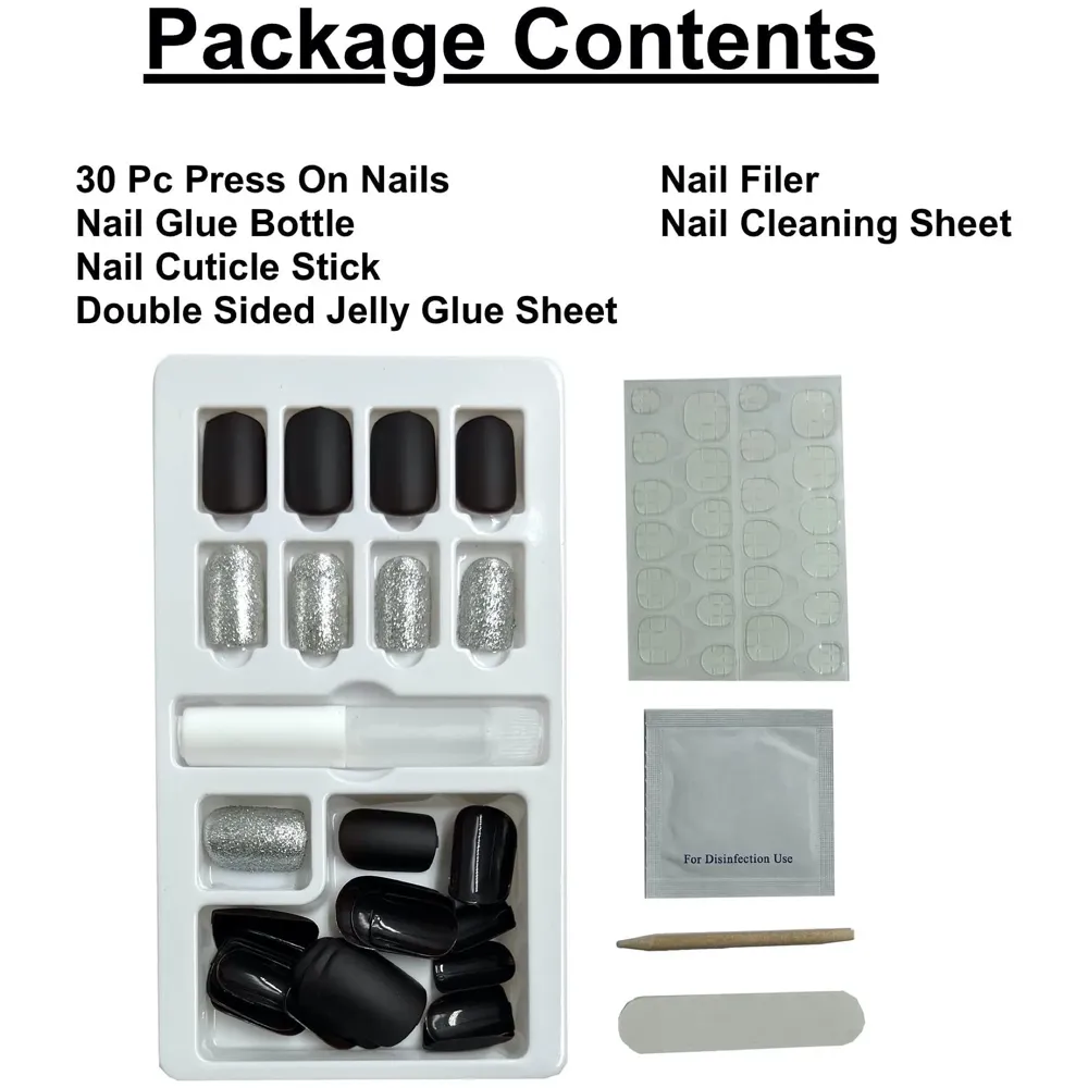 Press on Gel Nails 30 Pcs with Double Sided Jelly Adhesive Nail Glue Nail Filer Silver Blue