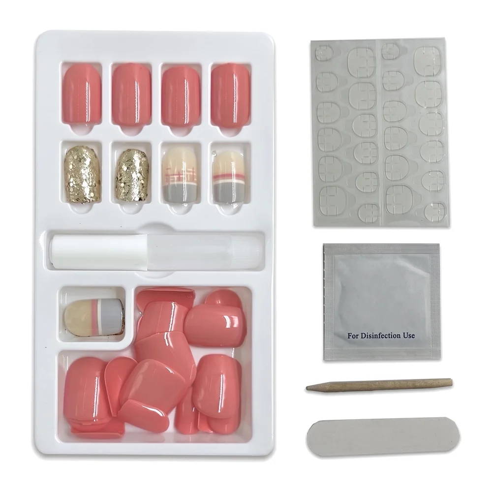 Press on Gel Nails 30 Pcs with Double Sided Jelly Adhesive Nail Glue Nail Filer Pink Gold