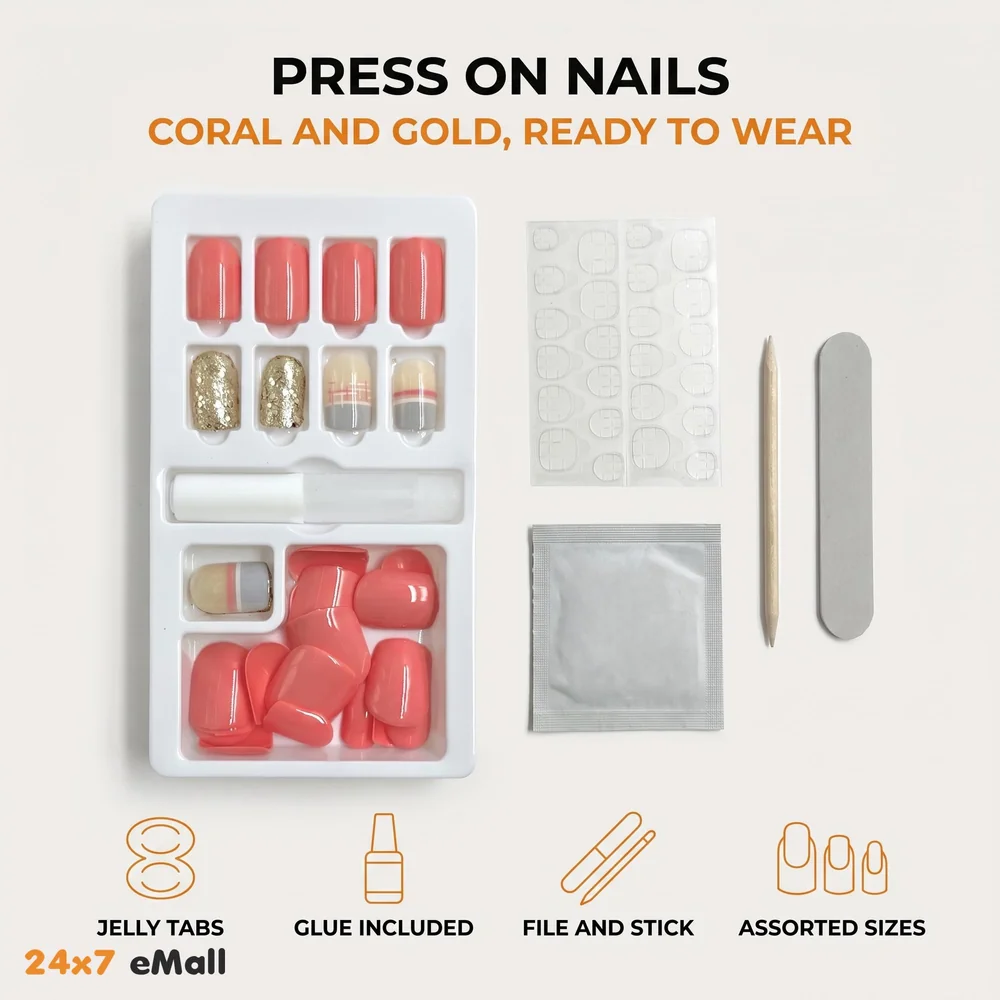 Press on Gel Nails 30 Pcs with Double Sided Jelly Adhesive Nail Glue Nail Filer Pink Gold