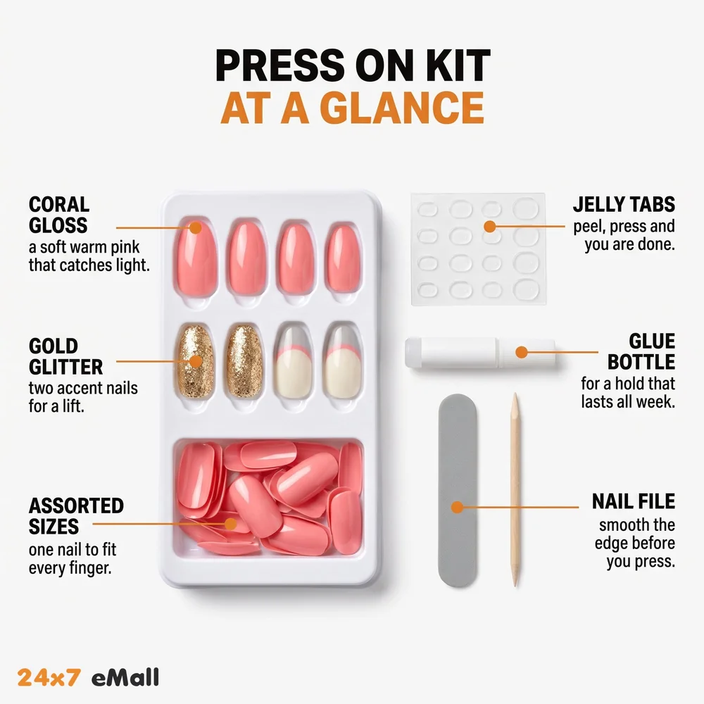 Press on Gel Nails 30 Pcs with Double Sided Jelly Adhesive Nail Glue Nail Filer Pink Gold