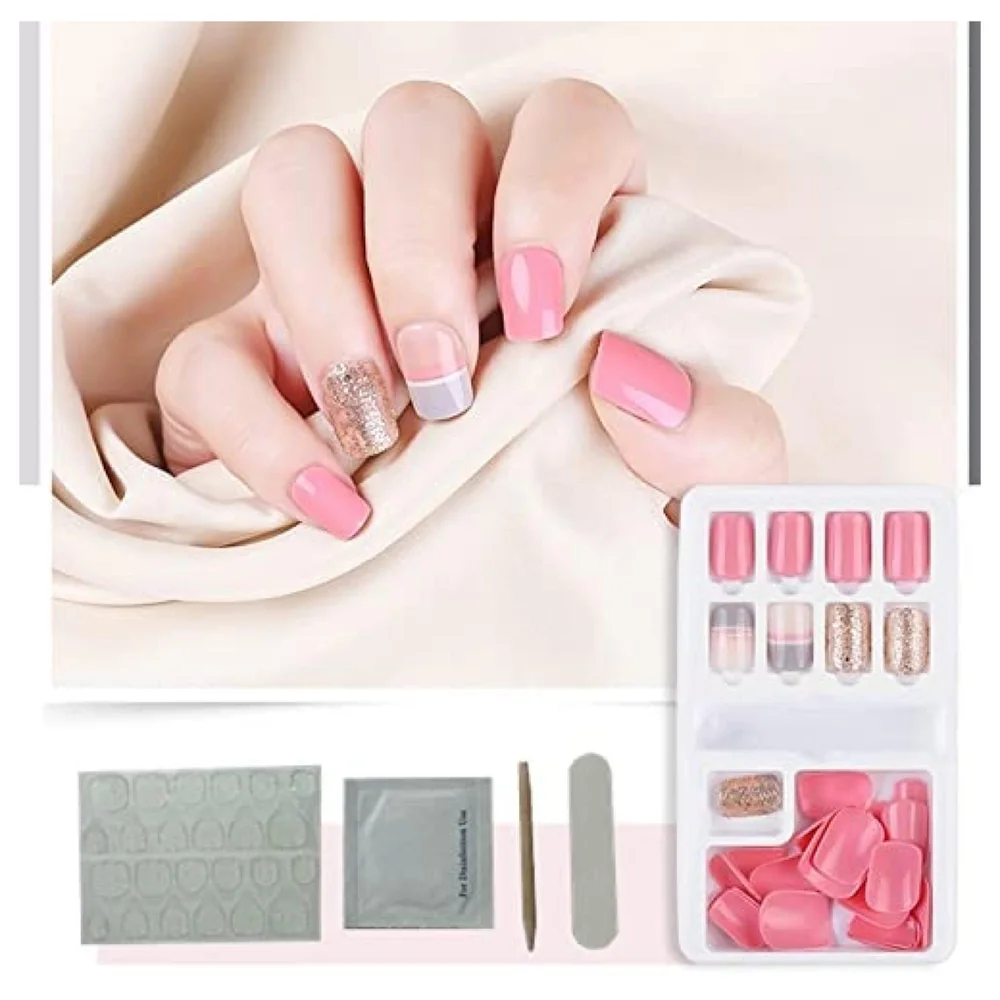 Press on Gel Nails 30 Pcs with Double Sided Jelly Adhesive Nail Glue Nail Filer Pink Gold