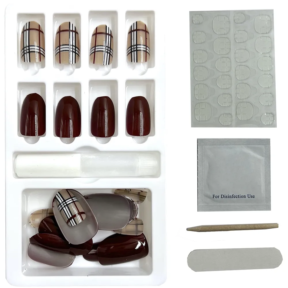 Press on Gel Nails 30 Pcs with Double Sided Jelly Adhesive Nail Glue Nail Filer Red Designer Premium
