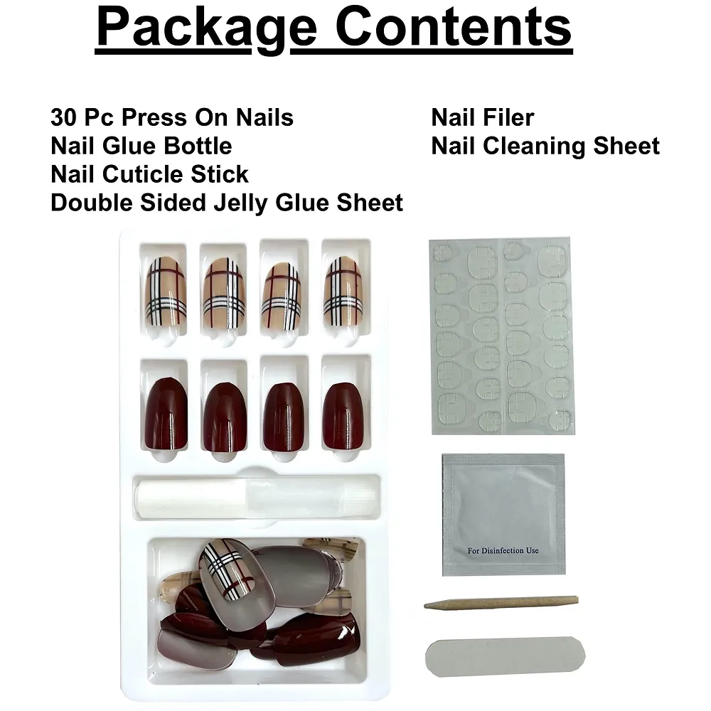 Press on Gel Nails 30 Pcs with Double Sided Jelly Adhesive Nail Glue Nail Filer Red Designer Premium