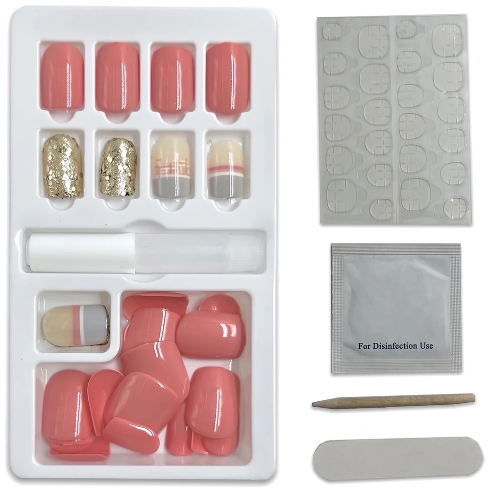30 Pcs Press on Gel Nails Jelly Adhesive Glue Filer Pink Gold