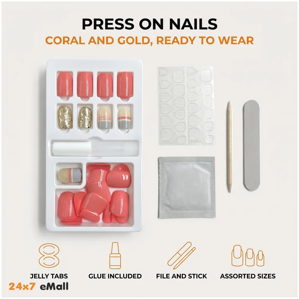 30 Pcs Press on Gel Nails Jelly Adhesive Glue Filer Pink Gold