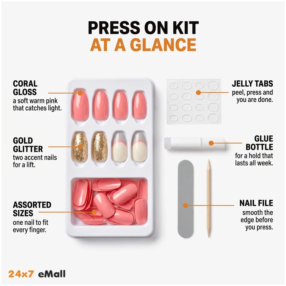 30 Pcs Press on Gel Nails Jelly Adhesive Glue Filer Pink Gold