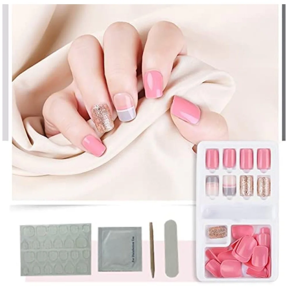 30 Pcs Press on Gel Nails Jelly Adhesive Glue Filer Pink Gold
