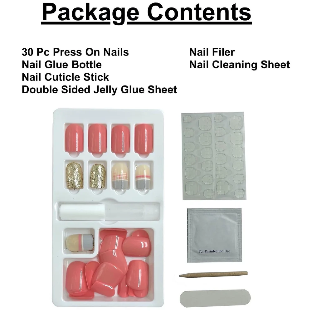 30 Pcs Press on Gel Nails Jelly Adhesive Glue Filer Pink Gold