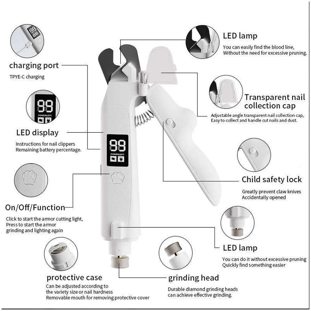 Pet Nail Cutter Clipper Grinder 2 in 1 LED Light 18 cm Dog Cat