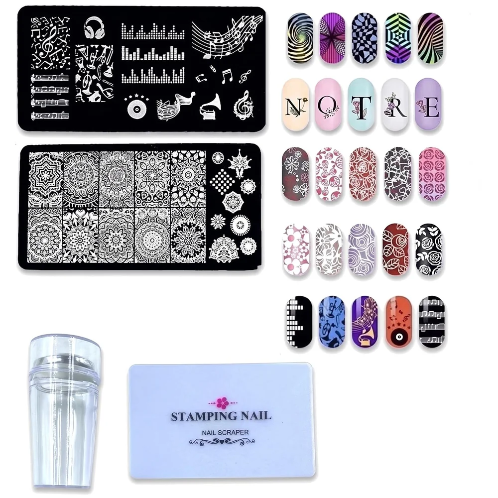 Nail Art Set 2 Pc Stamping Plate with Stamper and Scraper Kit