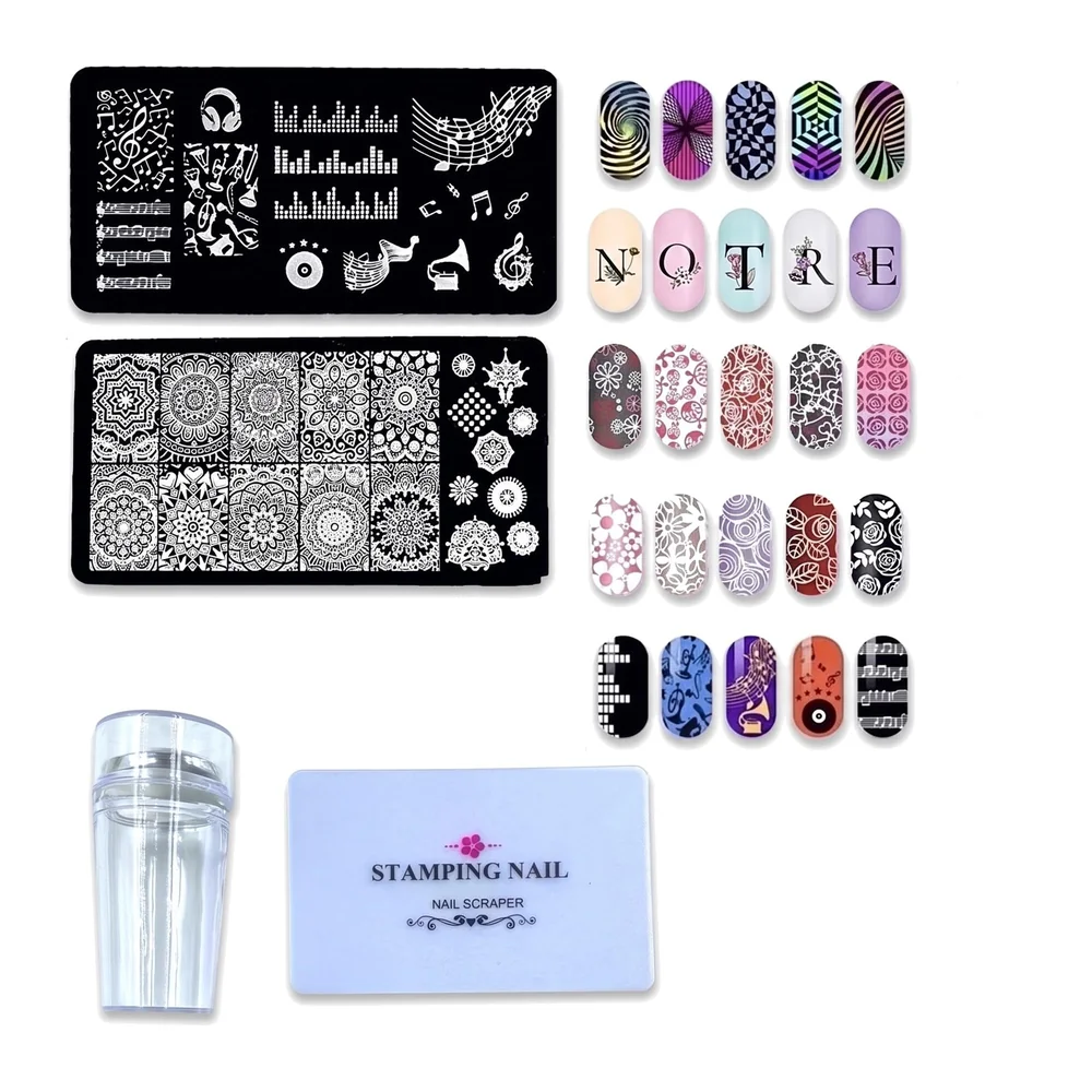 Nail Art Stamping Kit with 2 Rectangular Image Plates With Stamper And Scrapper (2 Plates) Random Designs