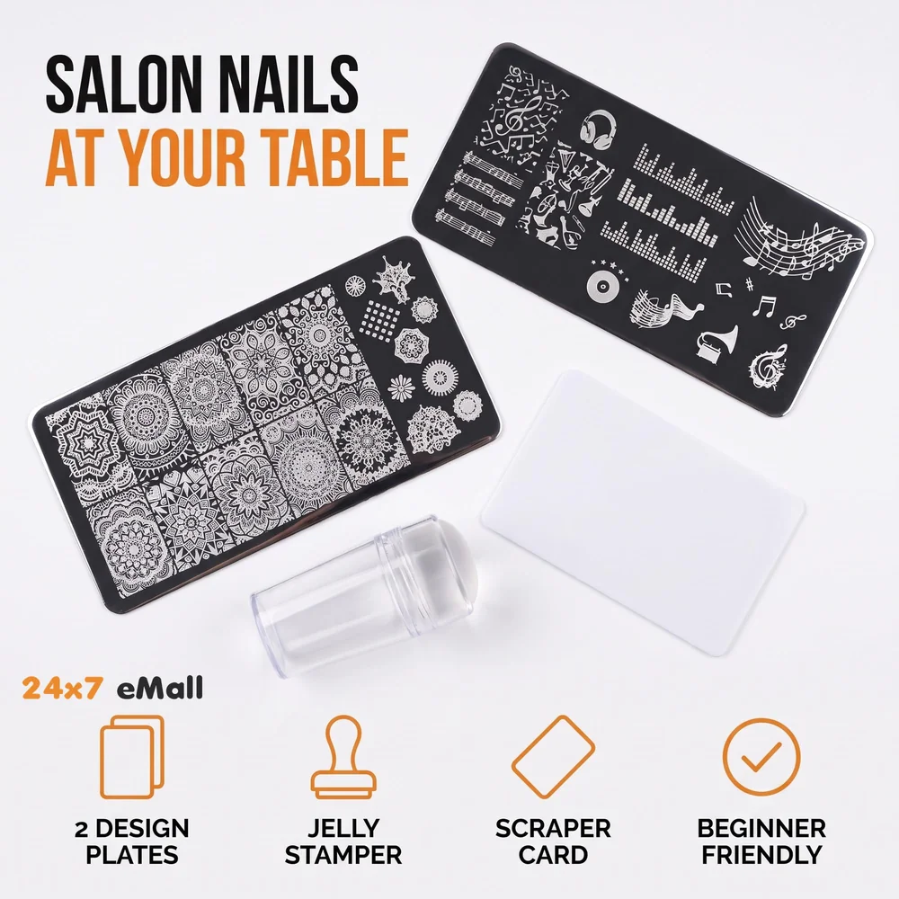 Nail Art Stamping Kit with 2 Rectangular Image Plates With Stamper And Scrapper (2 Plates) Random Designs