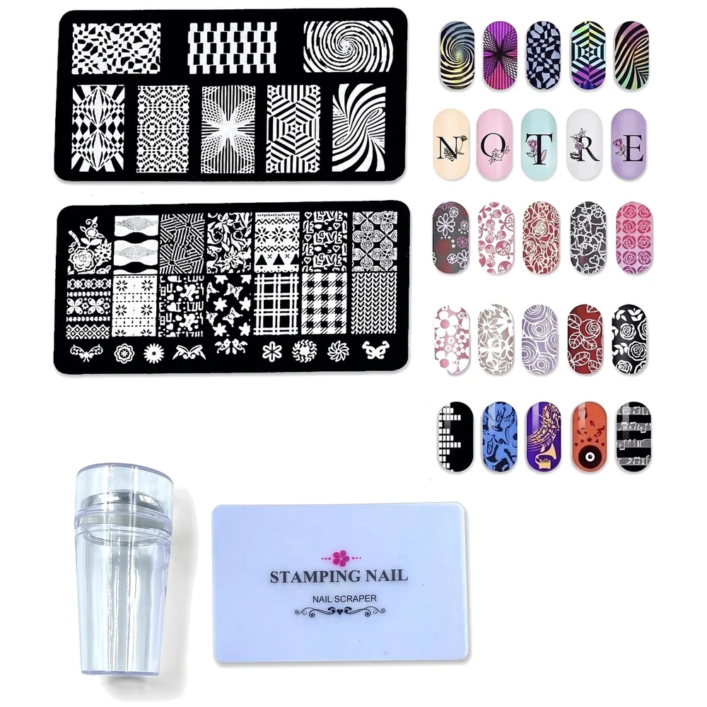 Nail Art Set Kit with 2 Plates Stamper and Scraper All in One