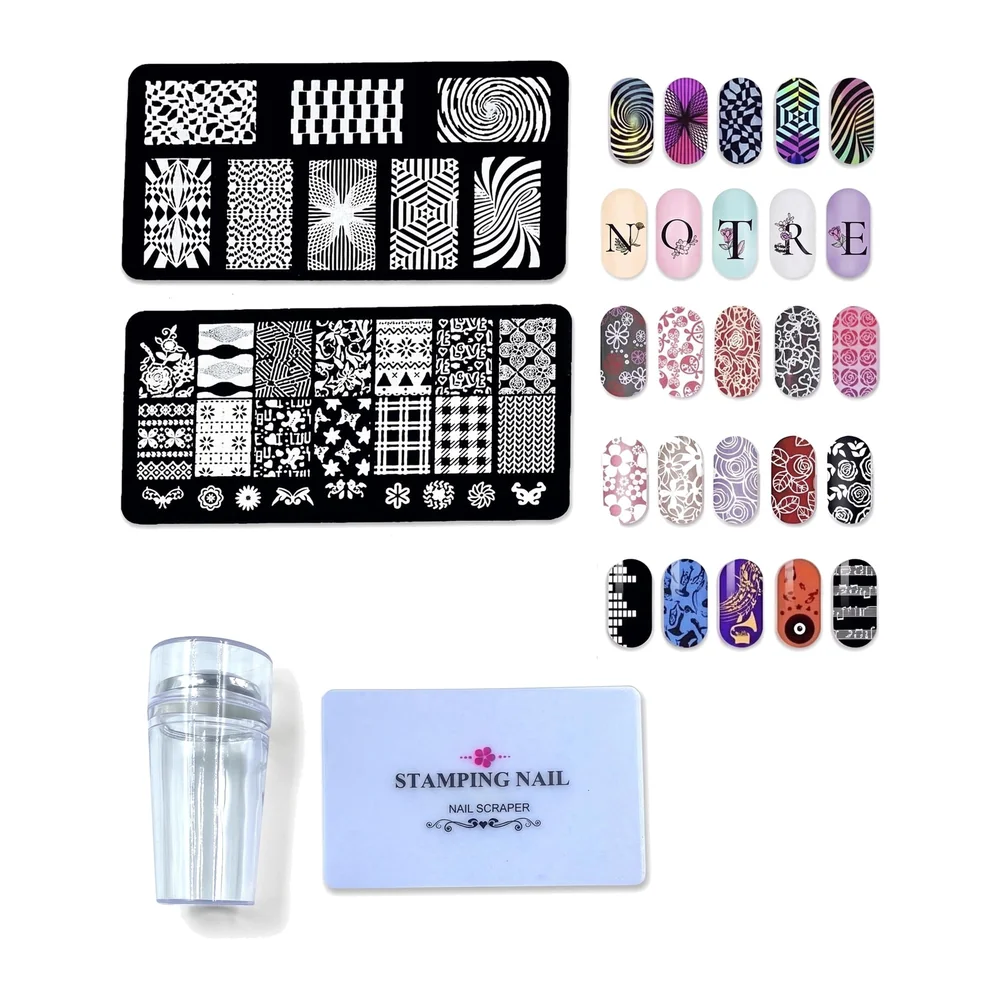 Nail Art Stamping Kit with 2 Stamping Image Plates With Stamper And Scrapper Perfect For Beginners. Mixed Designs With Random Plates