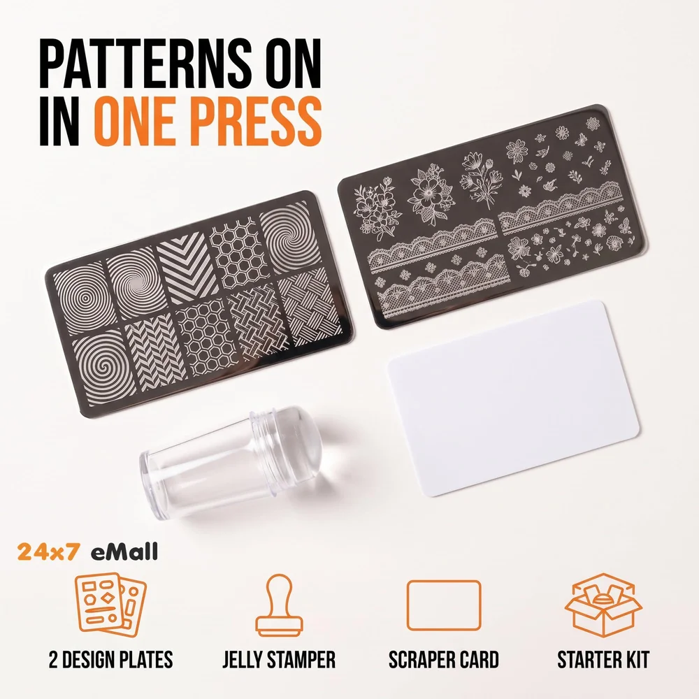 Nail Art Stamping Kit with 2 Stamping Image Plates With Stamper And Scrapper Perfect For Beginners. Mixed Designs With Random Plates