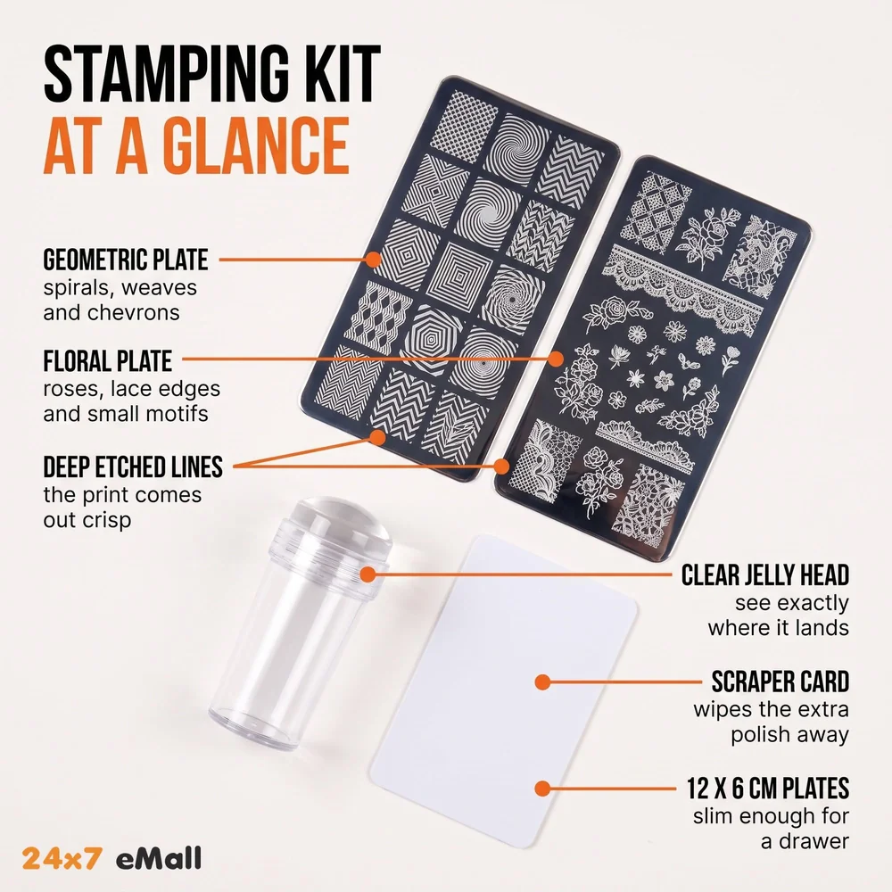 Nail Art Stamping Kit with 2 Stamping Image Plates With Stamper And Scrapper Perfect For Beginners. Mixed Designs With Random Plates