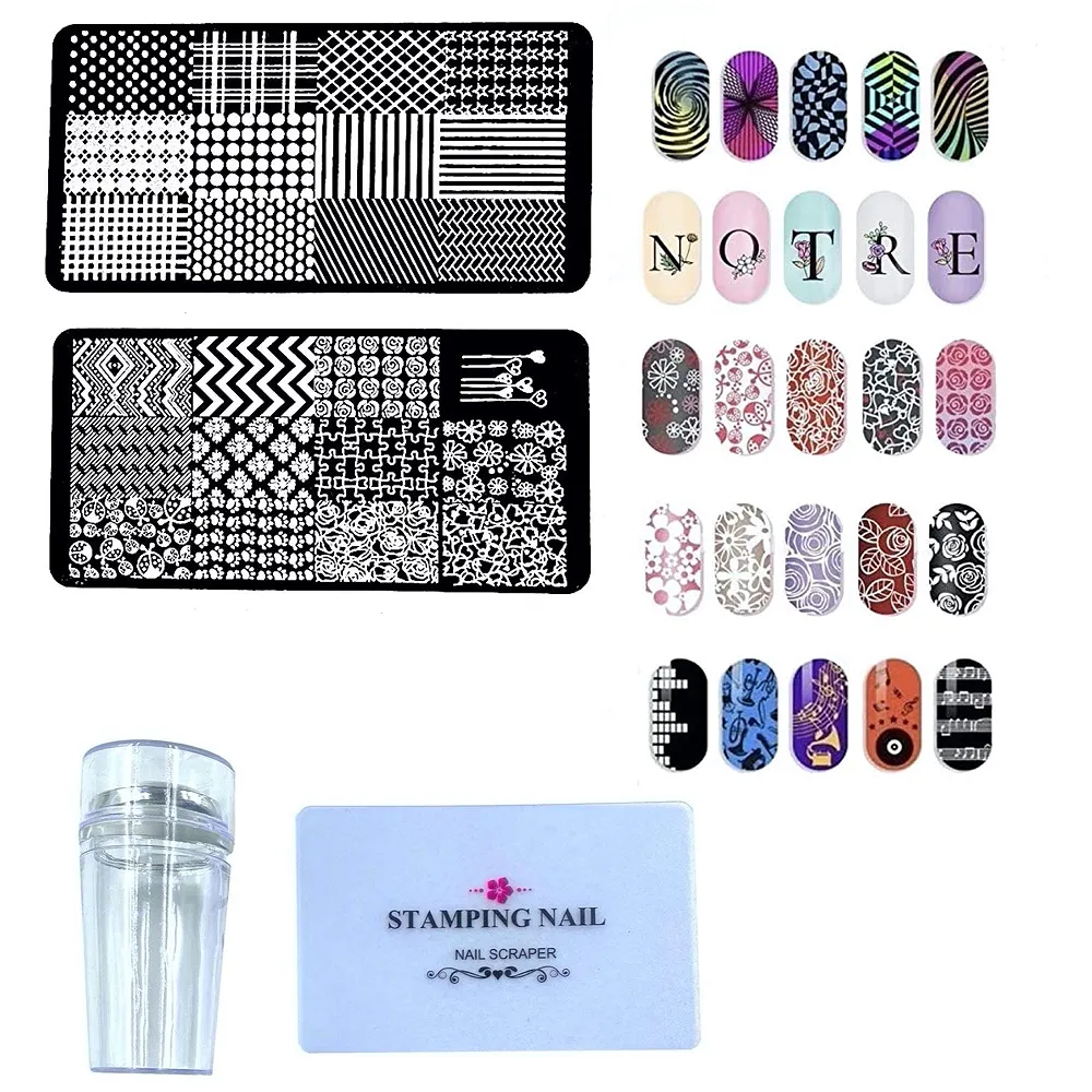 Nail Art Stamping Kit with 2 Plates, Stamper And Scrapper Full Kit Random Designs - Premium