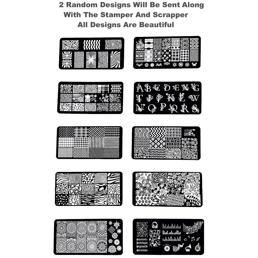 Nail Art Stamping Kit with 2 Plates, Stamper And Scrapper Full Kit Random Designs - Premium