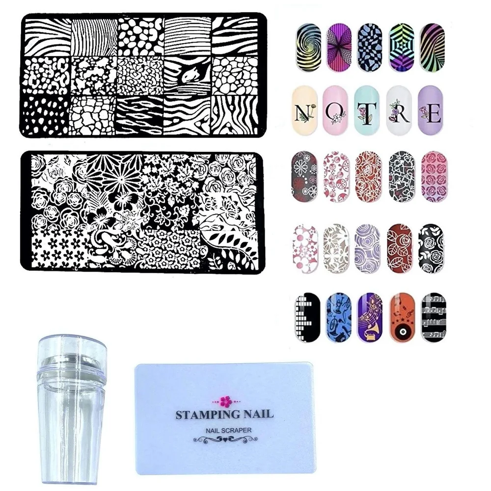 Nail Art Kit Complete Set 2 Image Plates 12 x 6 cm with Stamper Premium