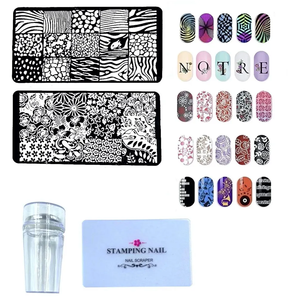 Plastic Nail Art Stamping Kit 2 Stamping Image Plates With Stamper And Scrapper Random Designs. , Pack of 1
