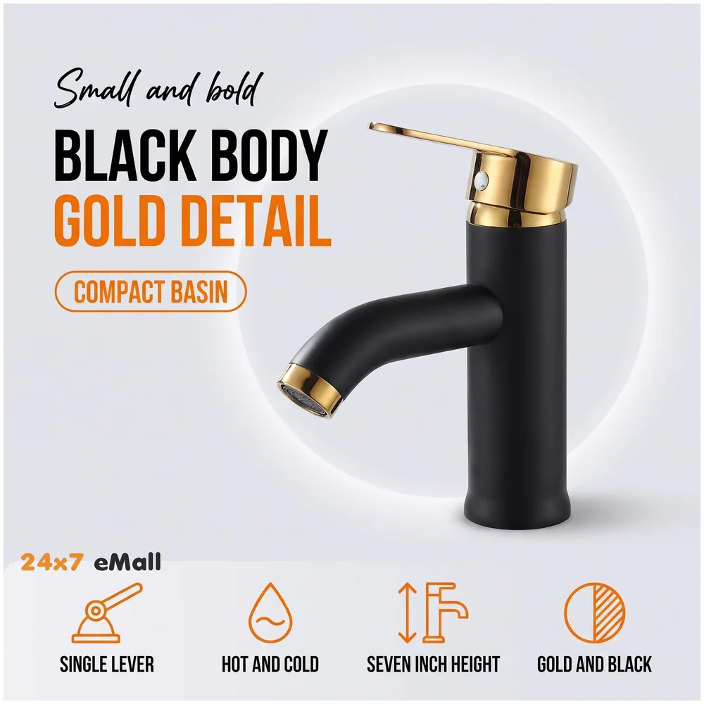 Black Gold Small Faucet Single Lever Basin Mixer Waterfall Short Black, for Bathroom Washbasins Toilets 7 Inches Height. Premium