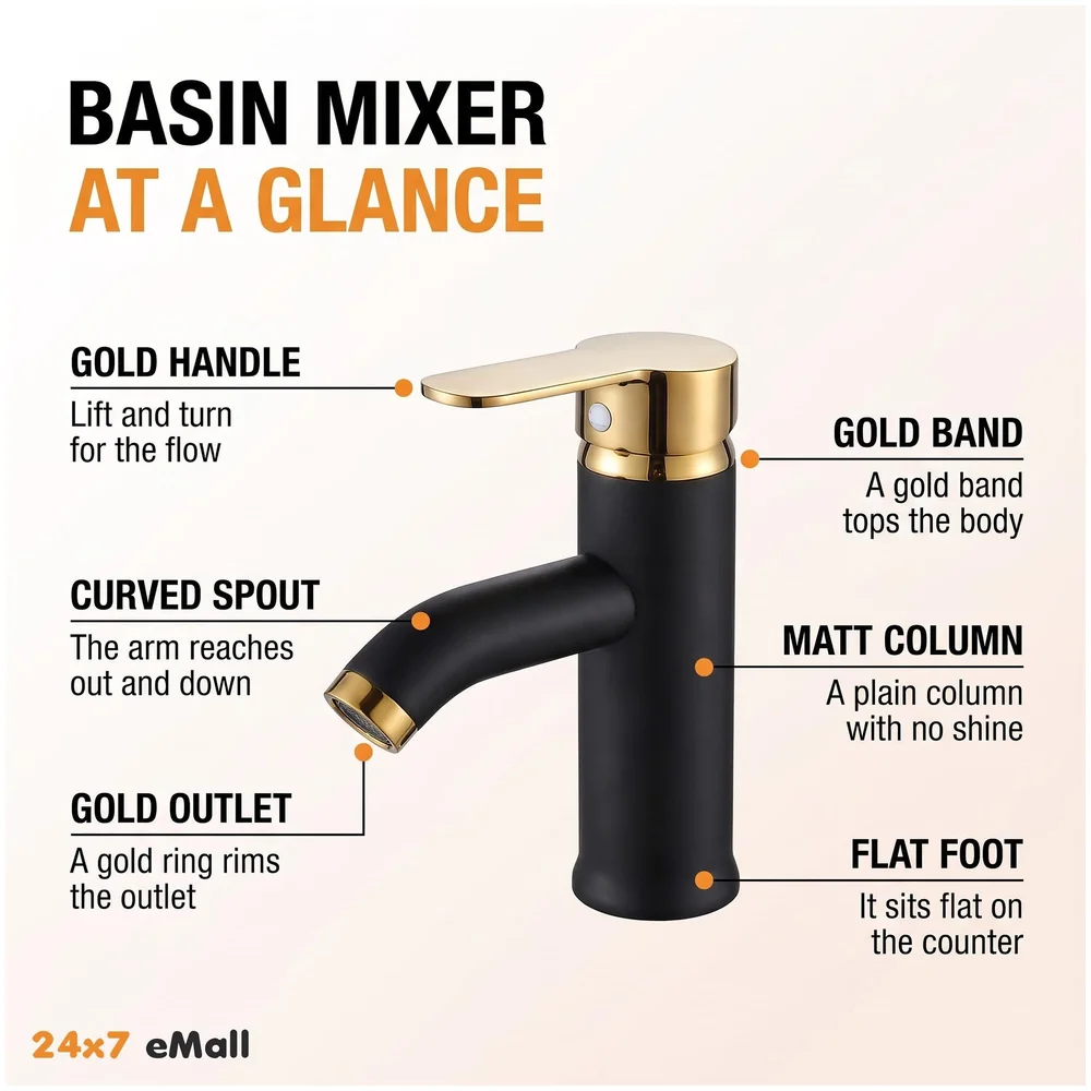 Black Gold Small Faucet Single Lever Basin Mixer Waterfall Short Black, for Bathroom Washbasins Toilets 7 Inches Height. Premium