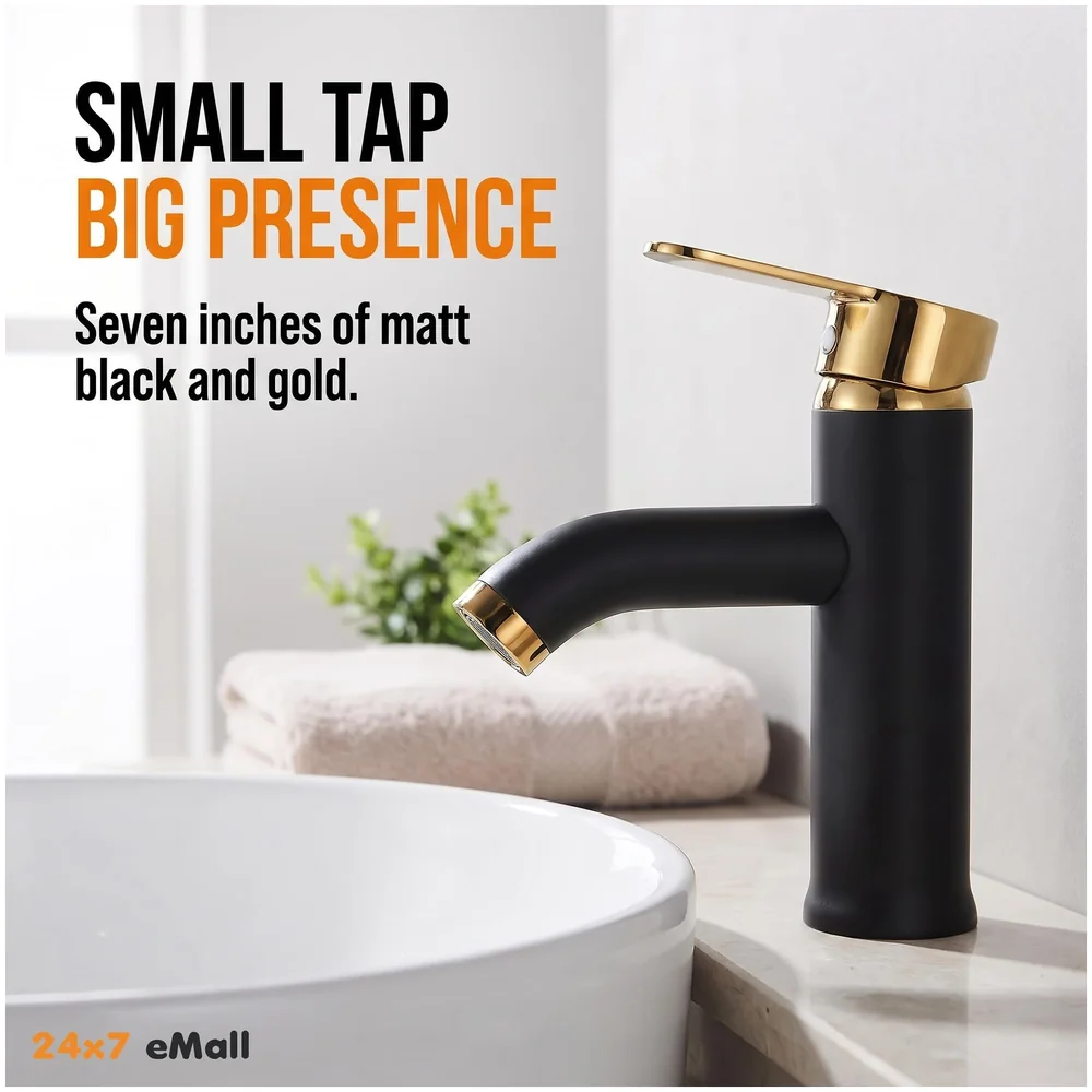 Black Gold Small Faucet Single Lever Basin Mixer Waterfall Short Black, for Bathroom Washbasins Toilets 7 Inches Height. Premium