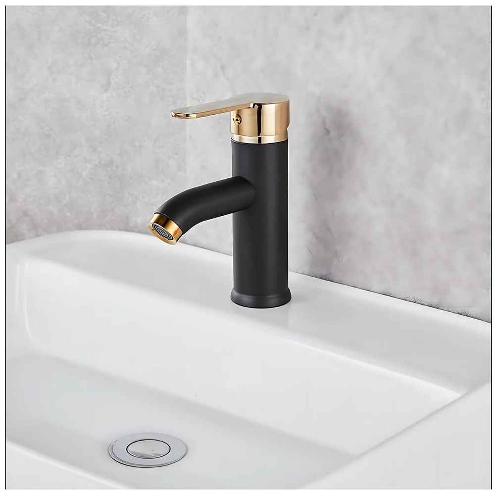 Black Gold Small Faucet Single Lever Basin Mixer Waterfall Short Black, for Bathroom Washbasins Toilets 7 Inches Height. Premium