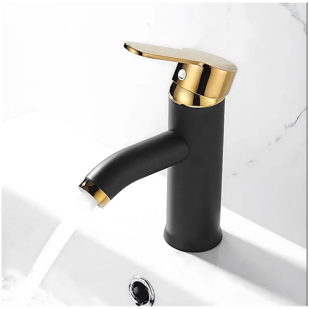 Black Gold Small Faucet Single Lever Basin Mixer Waterfall Short Black, for Bathroom Washbasins Toilets 7 Inches Height.