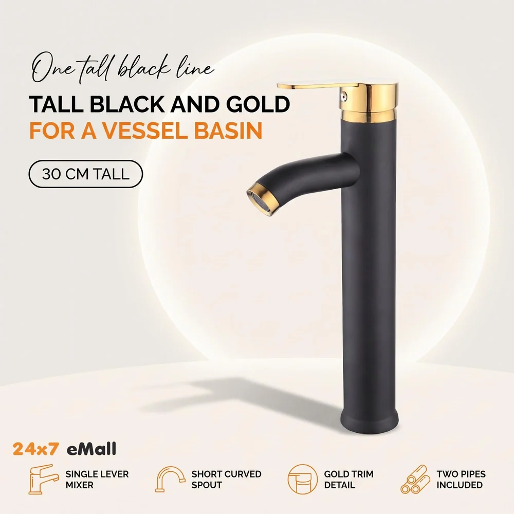Black Gold Tall Faucet Single Lever Basin Mixer Waterfall Short Black, for Bathroom Washbasins Toilets 12 Inches Height.