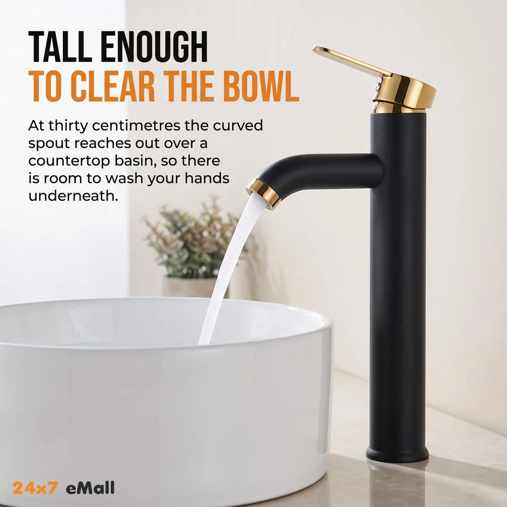 Black Gold Tall Faucet Single Lever Basin Mixer Waterfall Short Black, for Bathroom Washbasins Toilets 12 Inches Height.