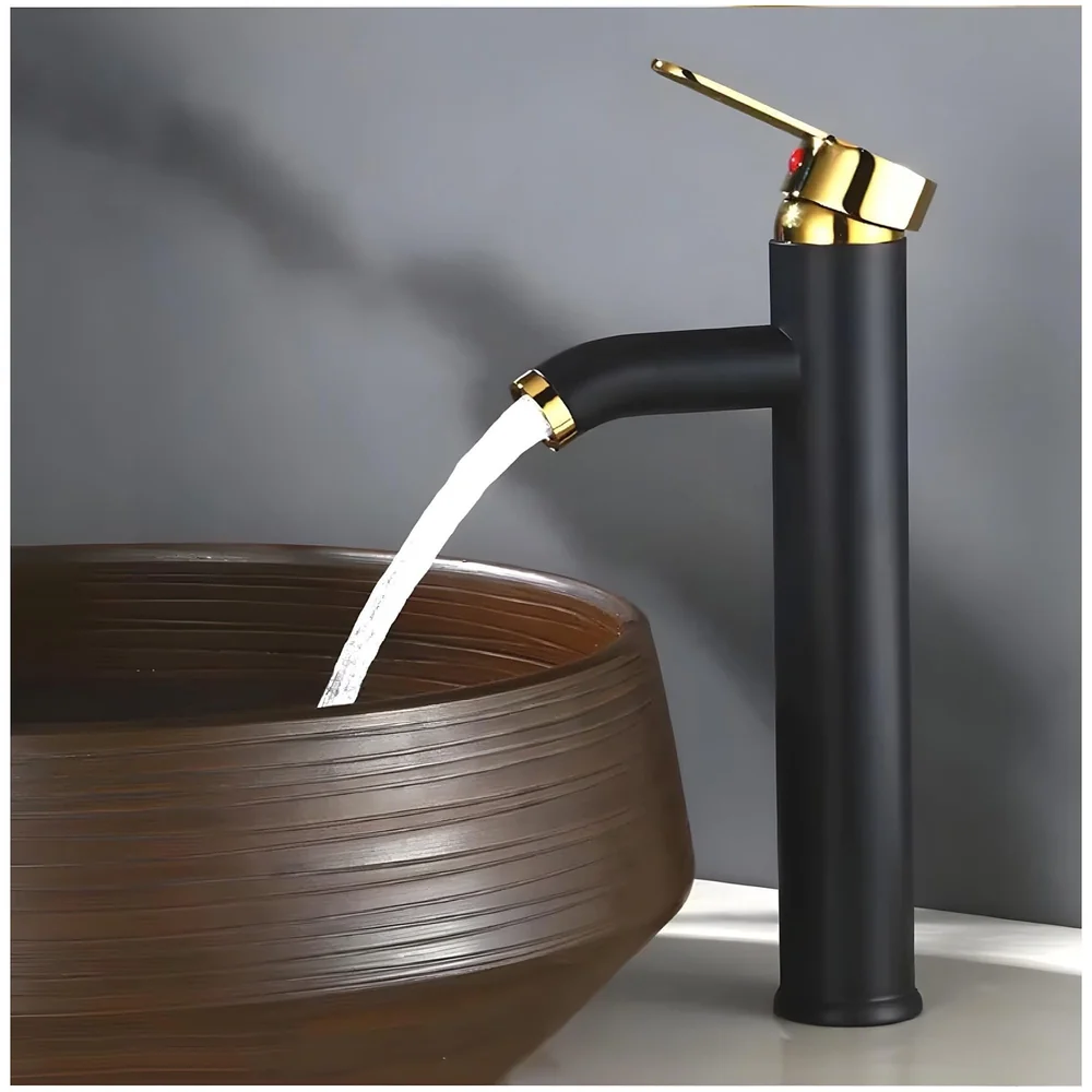 Black Gold Tall Faucet Single Lever Basin Mixer Waterfall Short Black, for Bathroom Washbasins Toilets 12 Inches Height.