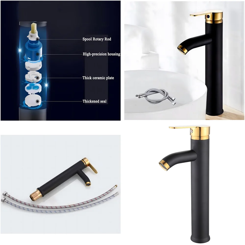 Black Gold Tall Faucet Single Lever Basin Mixer Waterfall Short Black, for Bathroom Washbasins Toilets 12 Inches Height.