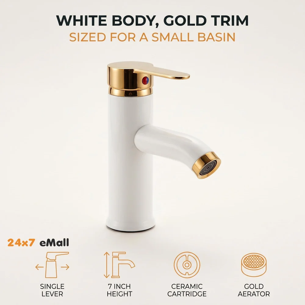 White Gold Small Faucet Single Lever Basin Mixer Waterfall Short Black, for Bathroom Washbasins Toilets 7 Inches Height.