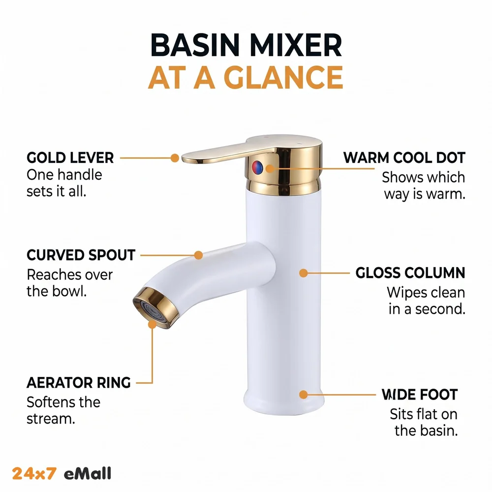 White Gold Small Faucet Single Lever Basin Mixer Waterfall Short Black, for Bathroom Washbasins Toilets 7 Inches Height.