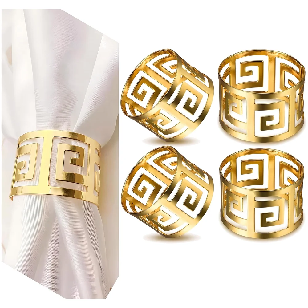 4 Pack Gold Napkin Rings, Hollow Out Metal Napkin Ring Set, Gold Napkin Holder Table Decorations, 1.77 inch Napkin Ring Buckles for Homes Restaurants Guest Wedding Party
