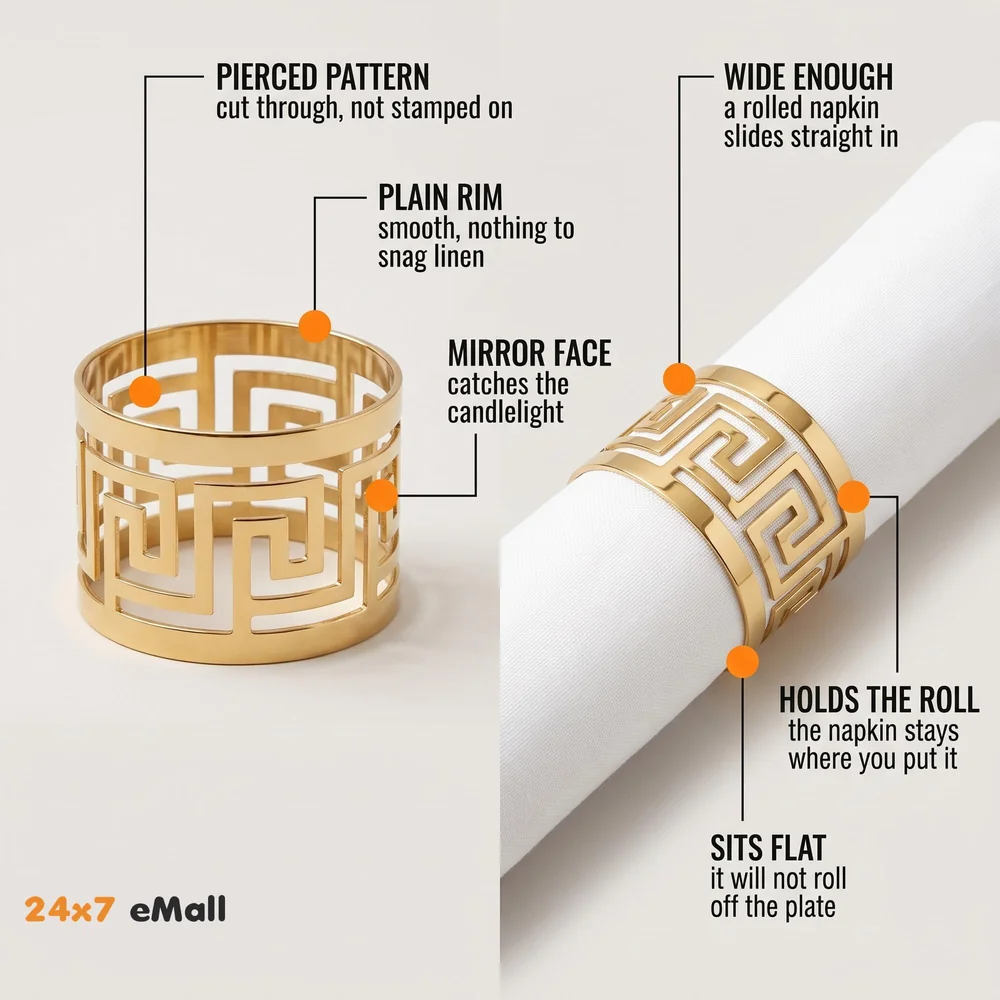 4 Pack Gold Napkin Rings, Hollow Out Metal Napkin Ring Set, Gold Napkin Holder Table Decorations, 1.77 inch Napkin Ring Buckles for Homes Restaurants Guest Wedding Party