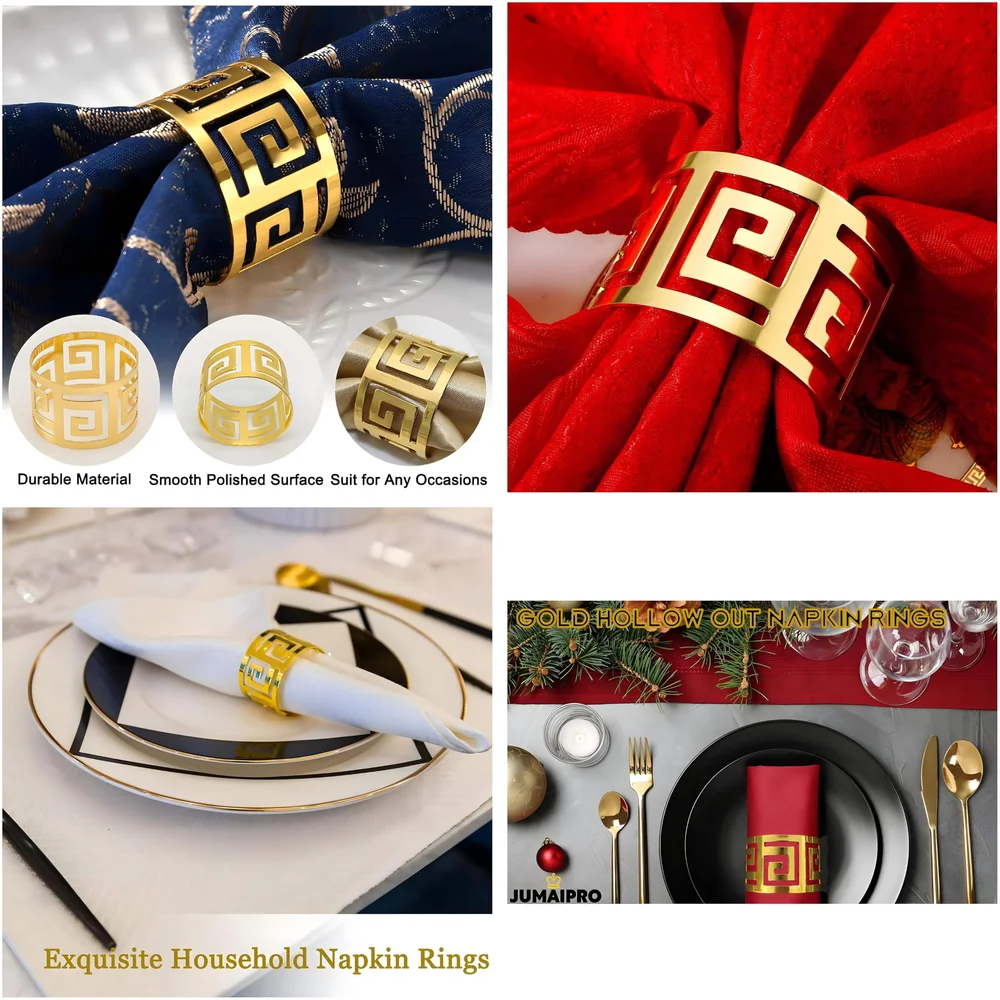 4 Pack Gold Napkin Rings, Hollow Out Metal Napkin Ring Set, Gold Napkin Holder Table Decorations, 1.77 inch Napkin Ring Buckles for Homes Restaurants Guest Wedding Party