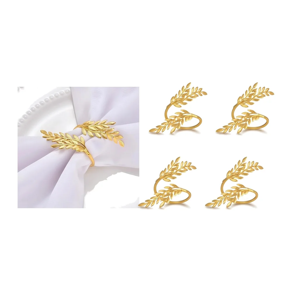 4 Pack Gold Napkin Rings, Golden Leaf Hollow Out Metal Napkin Ring Set, Gold Napkin Holder Table Decorations, 1.77 inch Napkin Ring Buckles for Homes Restaurants Guest Wedding Party