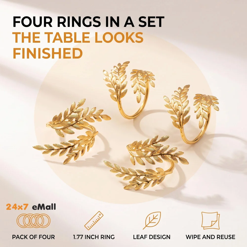 4 Pack Gold Napkin Rings, Golden Leaf Hollow Out Metal Napkin Ring Set, Gold Napkin Holder Table Decorations, 1.77 inch Napkin Ring Buckles for Homes Restaurants Guest Wedding Party