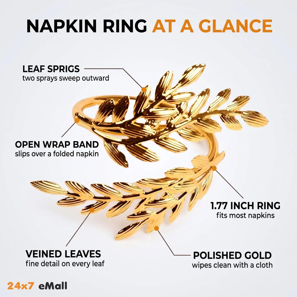 4 Pack Gold Napkin Rings, Golden Leaf Hollow Out Metal Napkin Ring Set, Gold Napkin Holder Table Decorations, 1.77 inch Napkin Ring Buckles for Homes Restaurants Guest Wedding Party