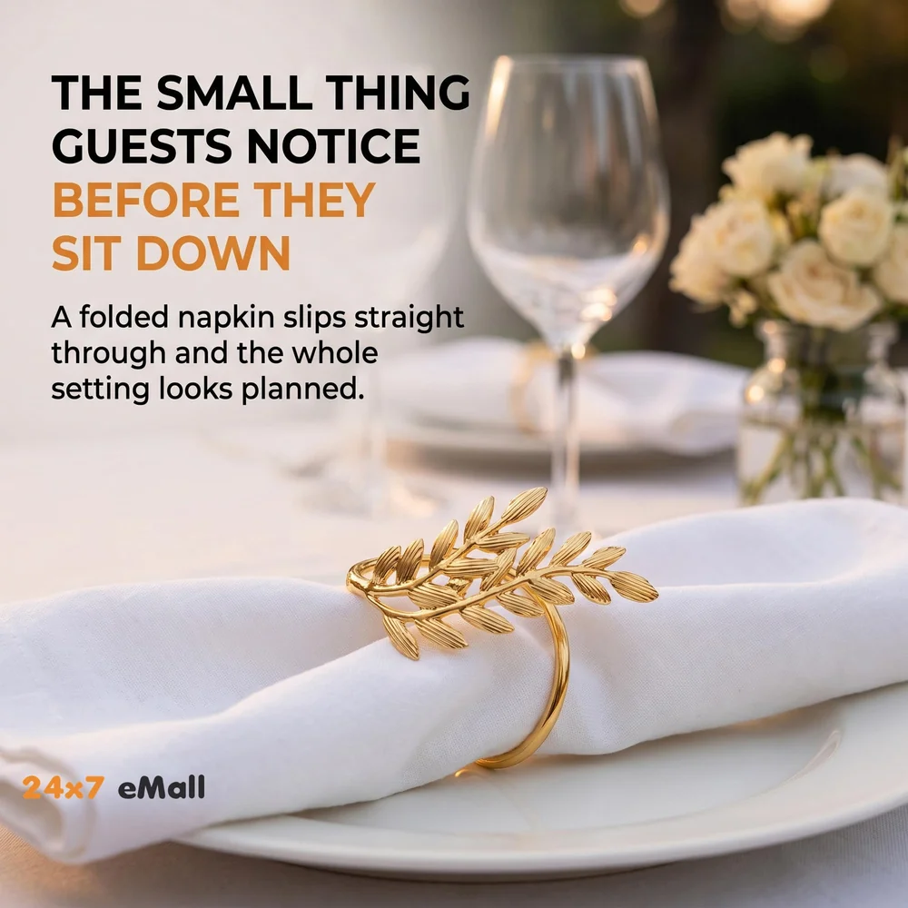 4 Pack Gold Napkin Rings, Golden Leaf Hollow Out Metal Napkin Ring Set, Gold Napkin Holder Table Decorations, 1.77 inch Napkin Ring Buckles for Homes Restaurants Guest Wedding Party
