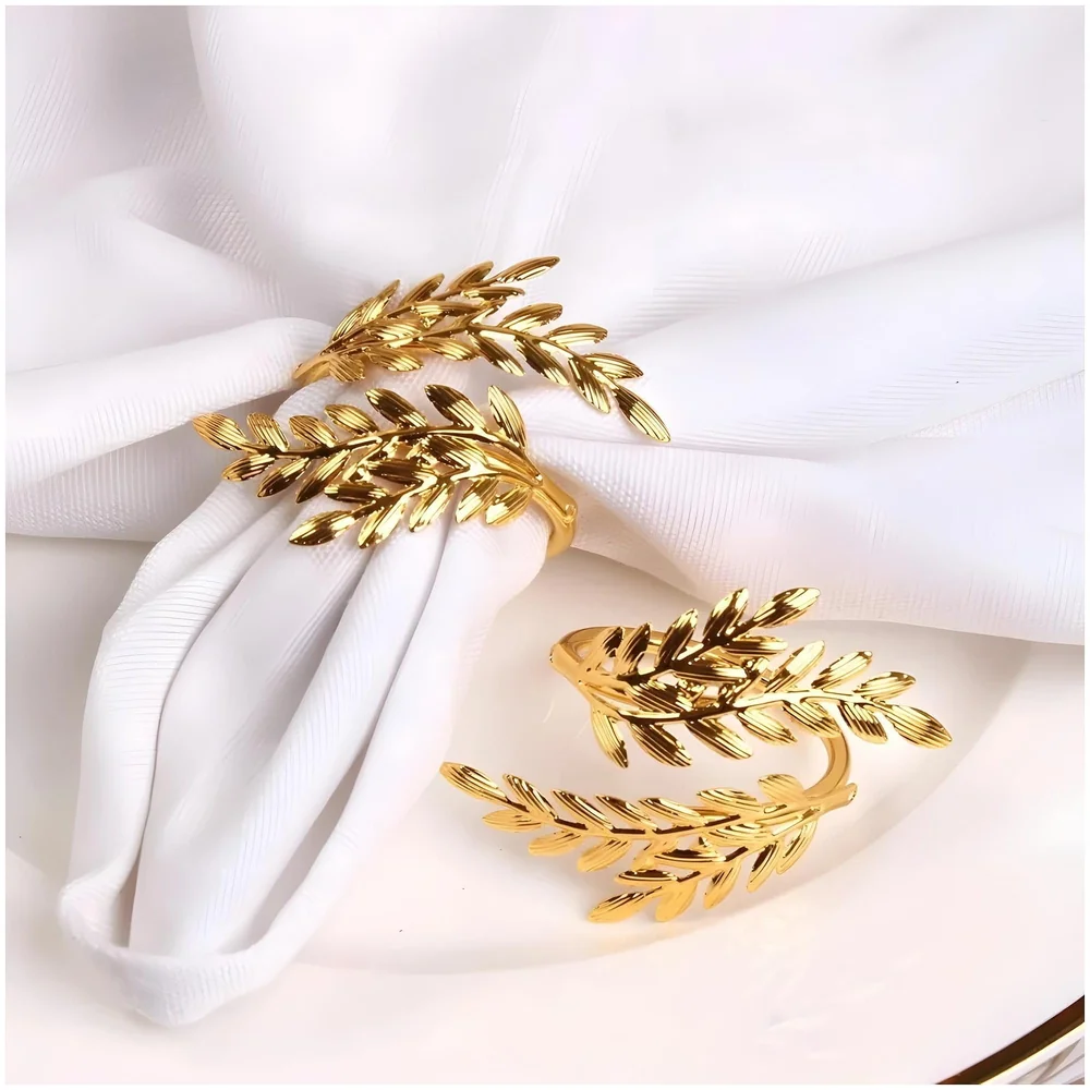 4 Pack Gold Napkin Rings, Golden Leaf Hollow Out Metal Napkin Ring Set, Gold Napkin Holder Table Decorations, 1.77 inch Napkin Ring Buckles for Homes Restaurants Guest Wedding Party